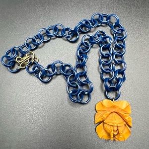 Vintage Carved Bakelite Flower Necklace Amber Pendant Blue Plastic Link Chain